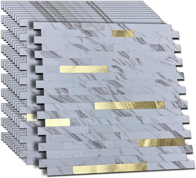 weimeisc 10-Sheet Peel and Stick Backsplash Tile, PVC Mixed Metal Stick on Backsplash Tiles for Kitchen (10, White Stone+Metal Gold) - Image 1